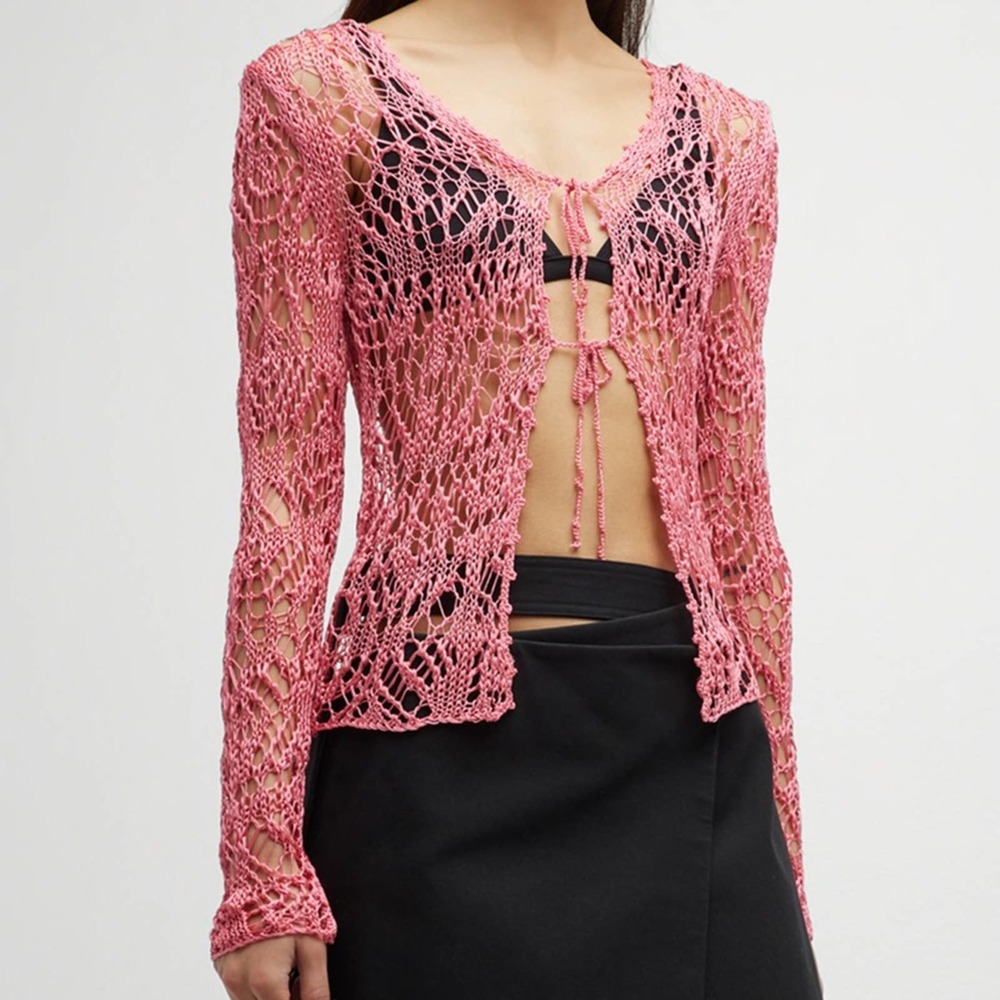 NEW SEASON TOM FORD Women's Fine Viscose Crochet Knit Cardigan, 3GG - Pink, XL